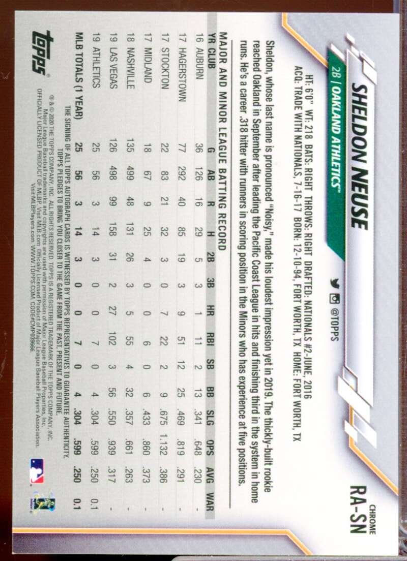 Sheldon Neuse Card 2020 Topps Chrome Rookie Autographs #RASN  Image 2