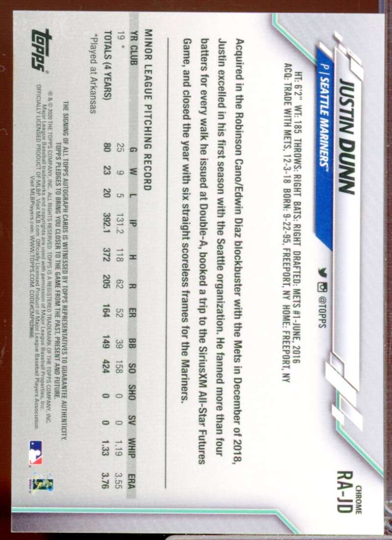 Justin Dunn Card 2020 Topps Chrome Rookie Autographs #RAJD  Image 2