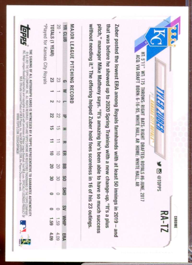 Tyler Zuber Card 2021 Topps Chrome Rookie Autographs #RATZ  Image 2