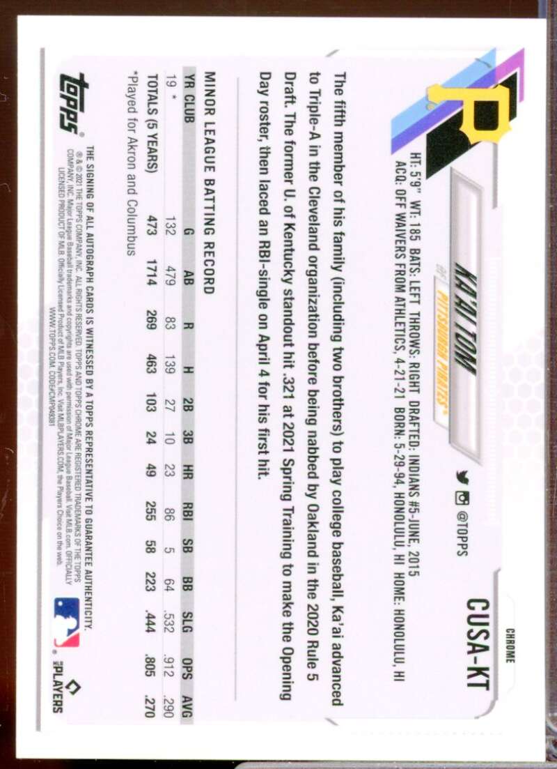 Ka'ai Tom Card 2021 Topps Chrome Update Refractor Autographs #CUSAKT  Image 2