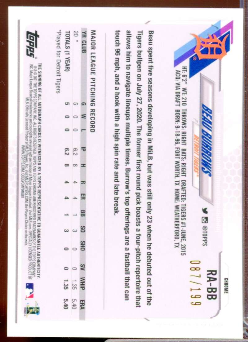 Beau Burrows Card 2021 Topps Chrome Rookie Autographs Aqua Refractors #RABB  Image 2