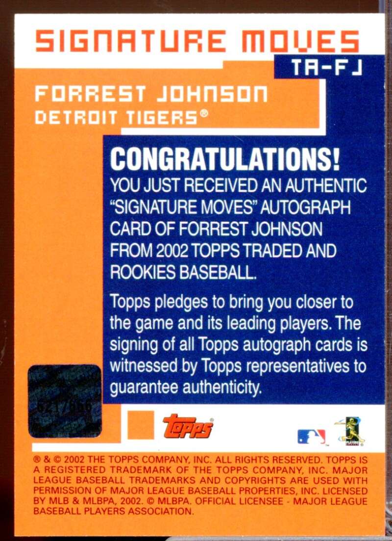 Forrest Johnson Card 2002 Topps Traded Signature Moves Autograph #FJ  Image 2