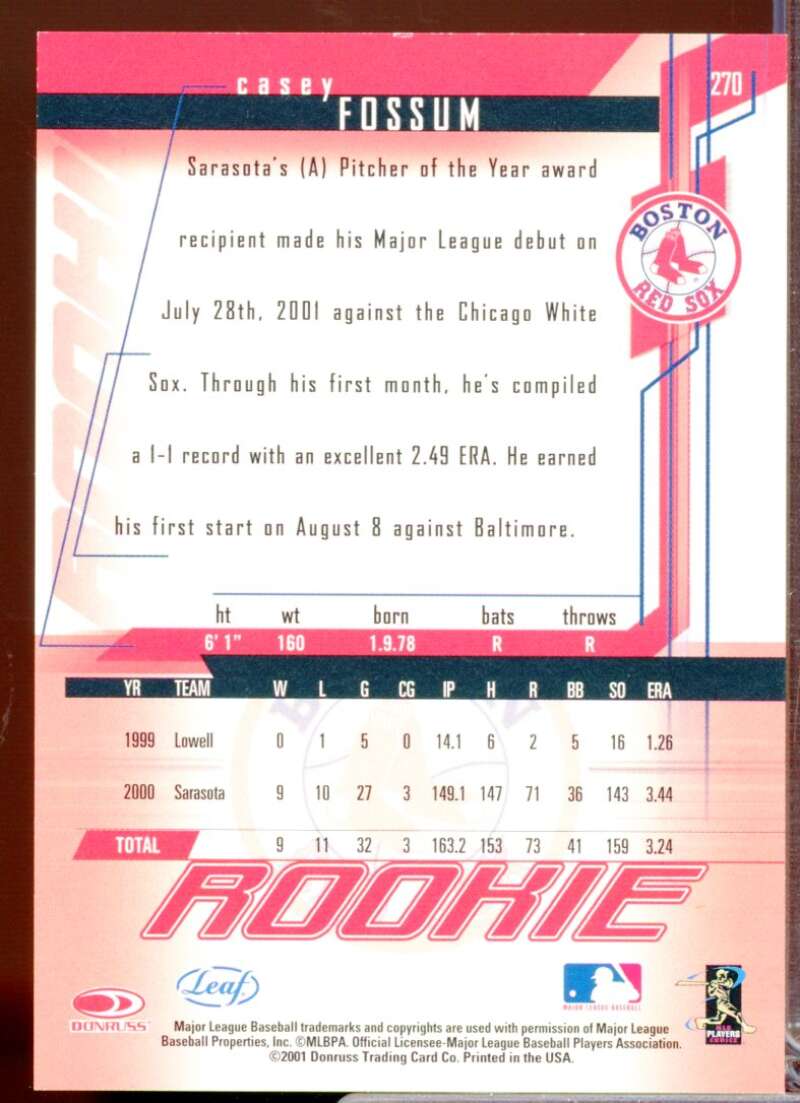 Casey Fossum Card 2001 Leaf Rookies and Stars Rookie Autographs #270  Image 2