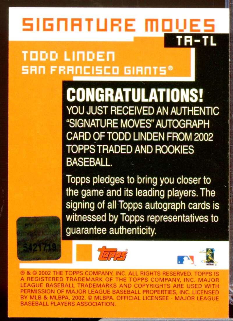Todd Linden Card 2002 Topps Traded Signature Moves Autograph #TL  Image 2