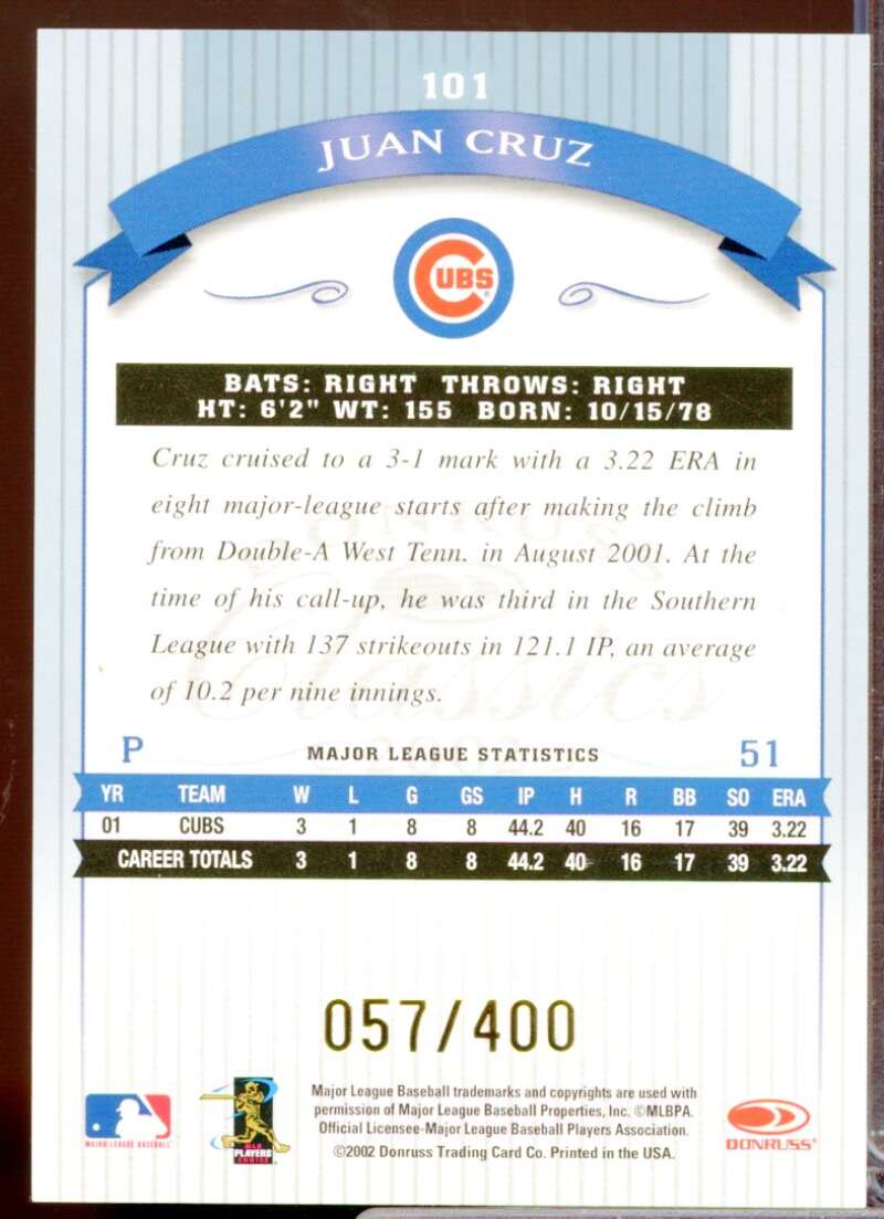 Juan Cruz /400 2002 Donruss Classics Significant Signature Rookie Auto #101  Image 2