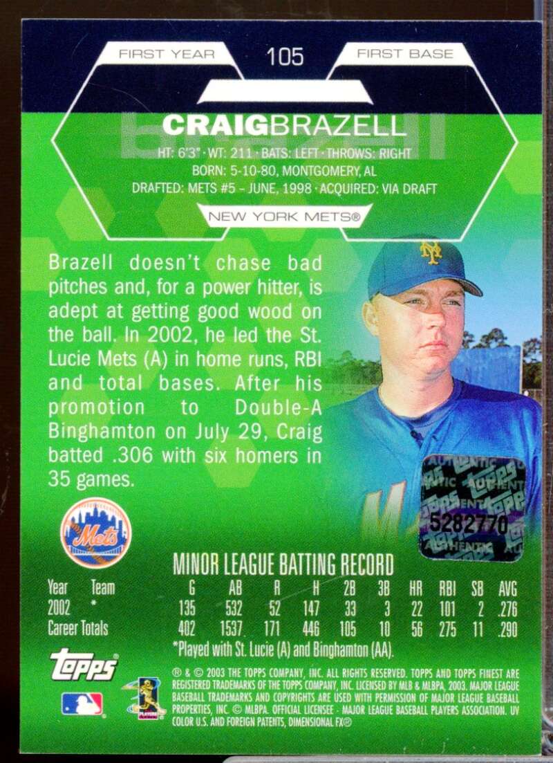 Craig Brazell RC Card 2003 Finest Rookie Autograph #105  Image 2