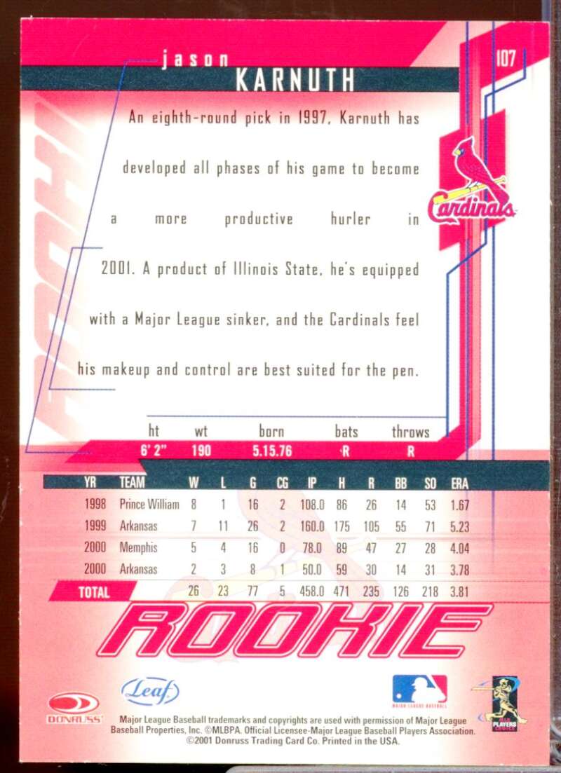 Jason Karnuth Card 2001 Leaf Rookies and Stars Rookie Autographs #107  Image 2
