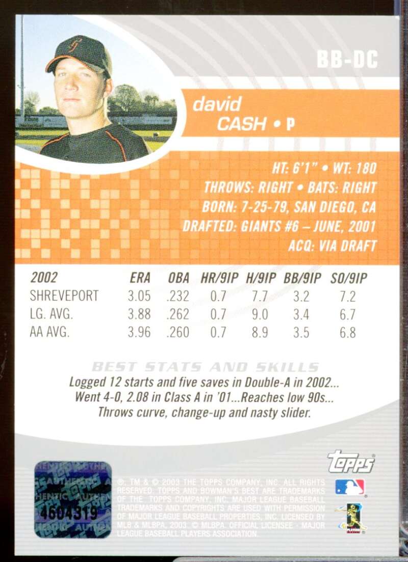 David Cash RC Card 2003 Bowman's Best First Year Rookie Autograph #DC  Image 2
