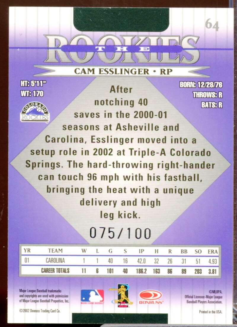 Cam Esslinger /100 Card 2002 Donruss The Rookies Autographs #64  Image 2