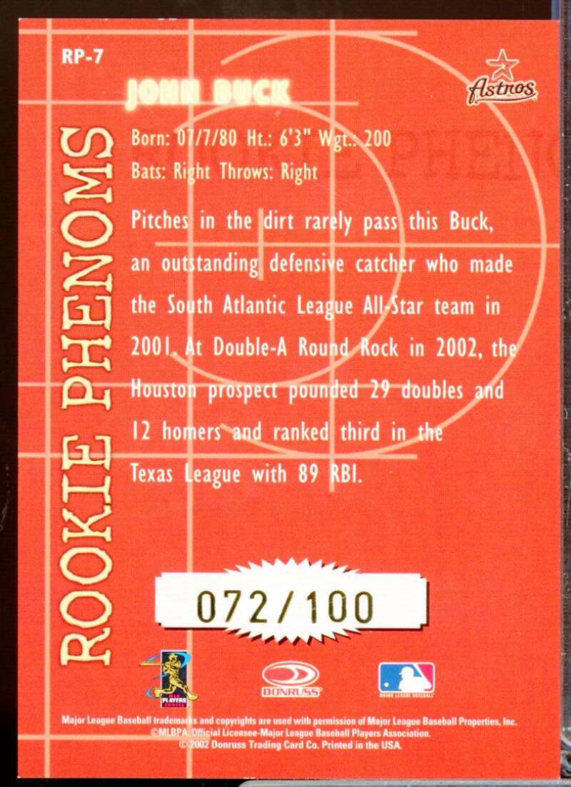 John Buck /100 Card 2002 Donruss Rookies Phenoms Autographs #7  Image 2