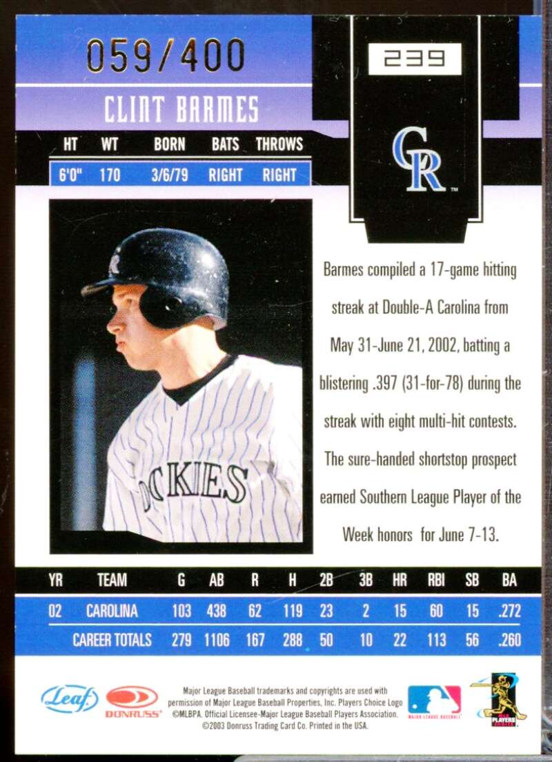 Clint Barmes 2003 Leaf Certified Materials New Generation Rookie Autograph #239  Image 2