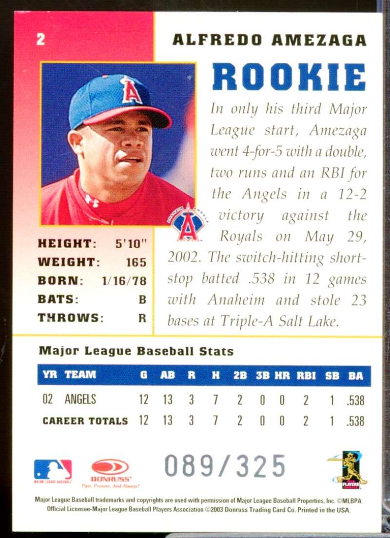 Alfredo Amezaga /325 Card 2003 Donruss Champions Rookie Autographs #2  Image 2