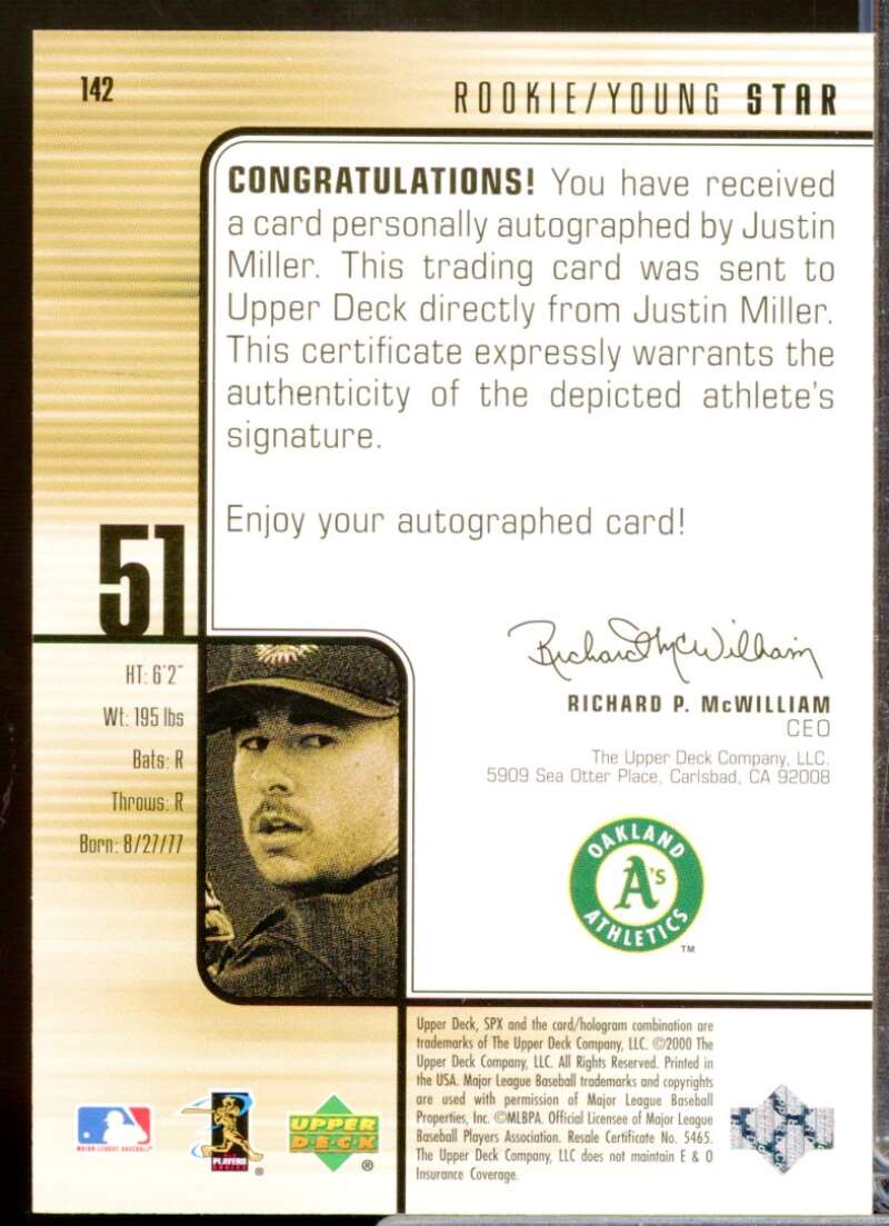 Justin Miller /1500 RC Card 2000 SPx Rookie Autograph #142  Image 2