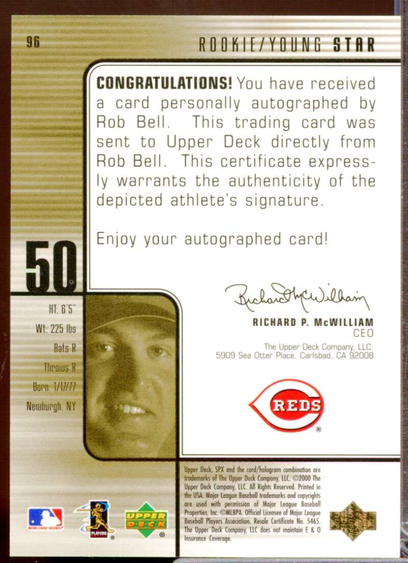 Rob Bell /1500 Card 2000 SPx Autograph #96  Image 2