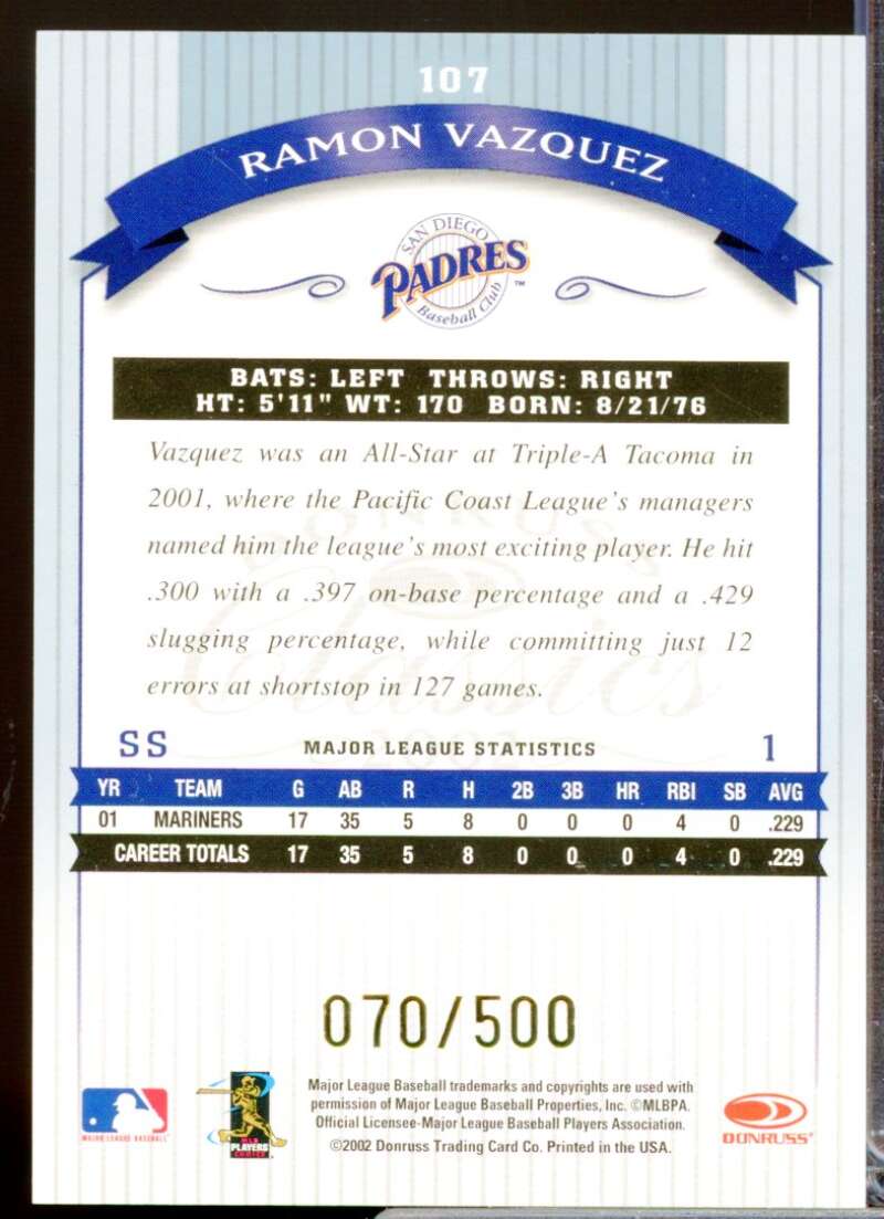 Ramon Vazquez 2002 Donruss Classics Significant Signatures Rookie Auto #107  Image 2