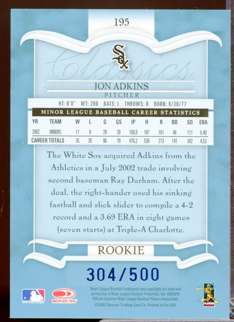 Jon Adkins 2003 Donruss Classics Significant Signatures Rookie Autograph #195  Image 2