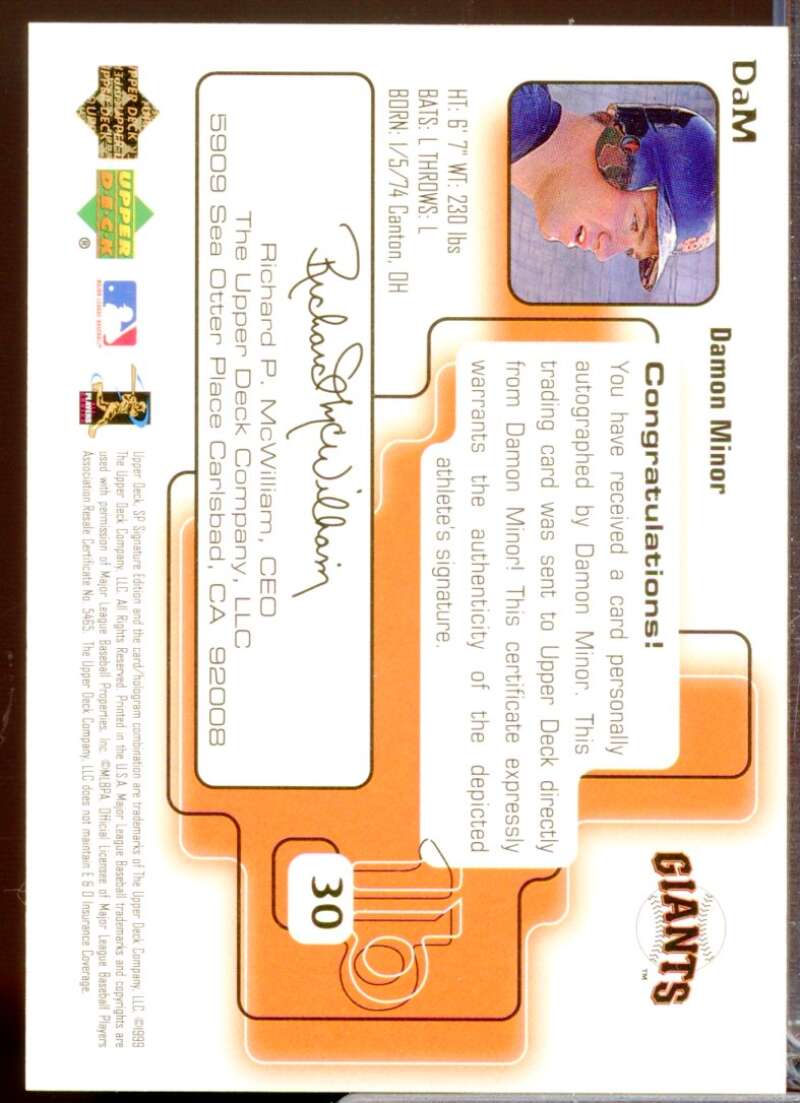 Damon Minor Card 1999 SP Signature Autographs #DAM  Image 2