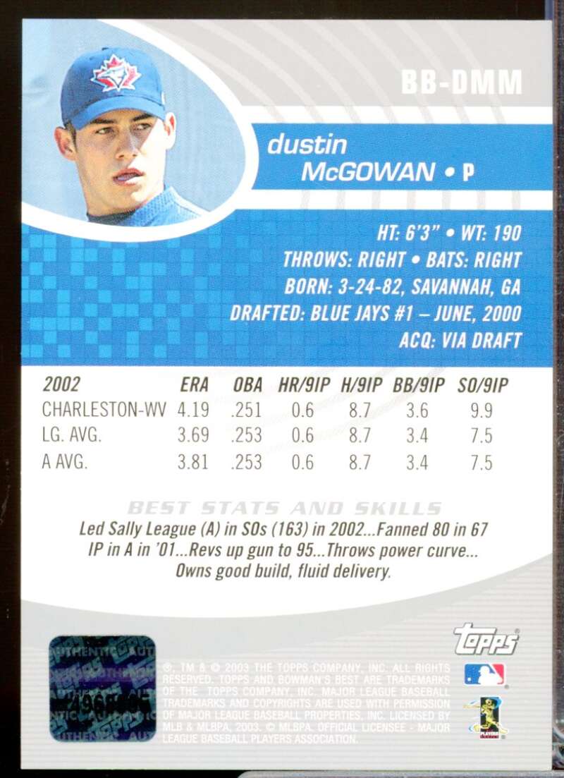 Dustan McGowan RC Card 2003 Bowman's Best First Year Rookie Autograph #DMM  Image 2
