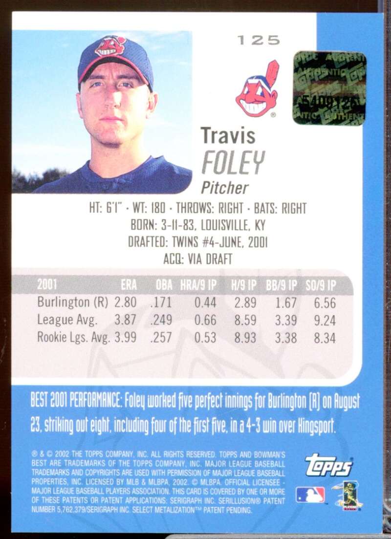 Travis Foley Card 2002 Bowman's Best Autograph Red #125  Image 2