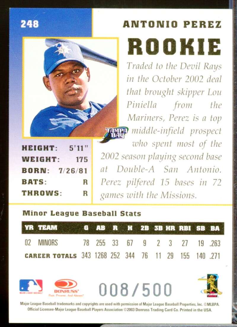 Antonio Perez /500 Card 2003 Donruss Champions Rookie Autographs #248  Image 2