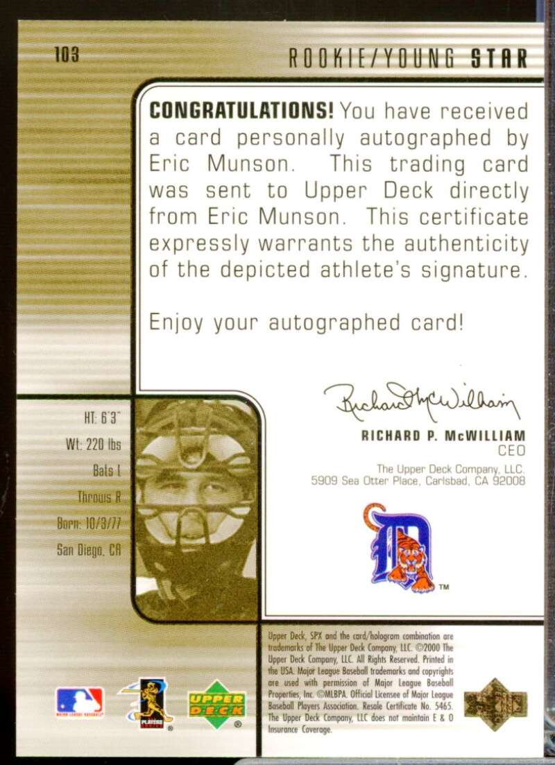 Eric Munson /1500 Card 2000 SPx Rookie Autograph #103  Image 2
