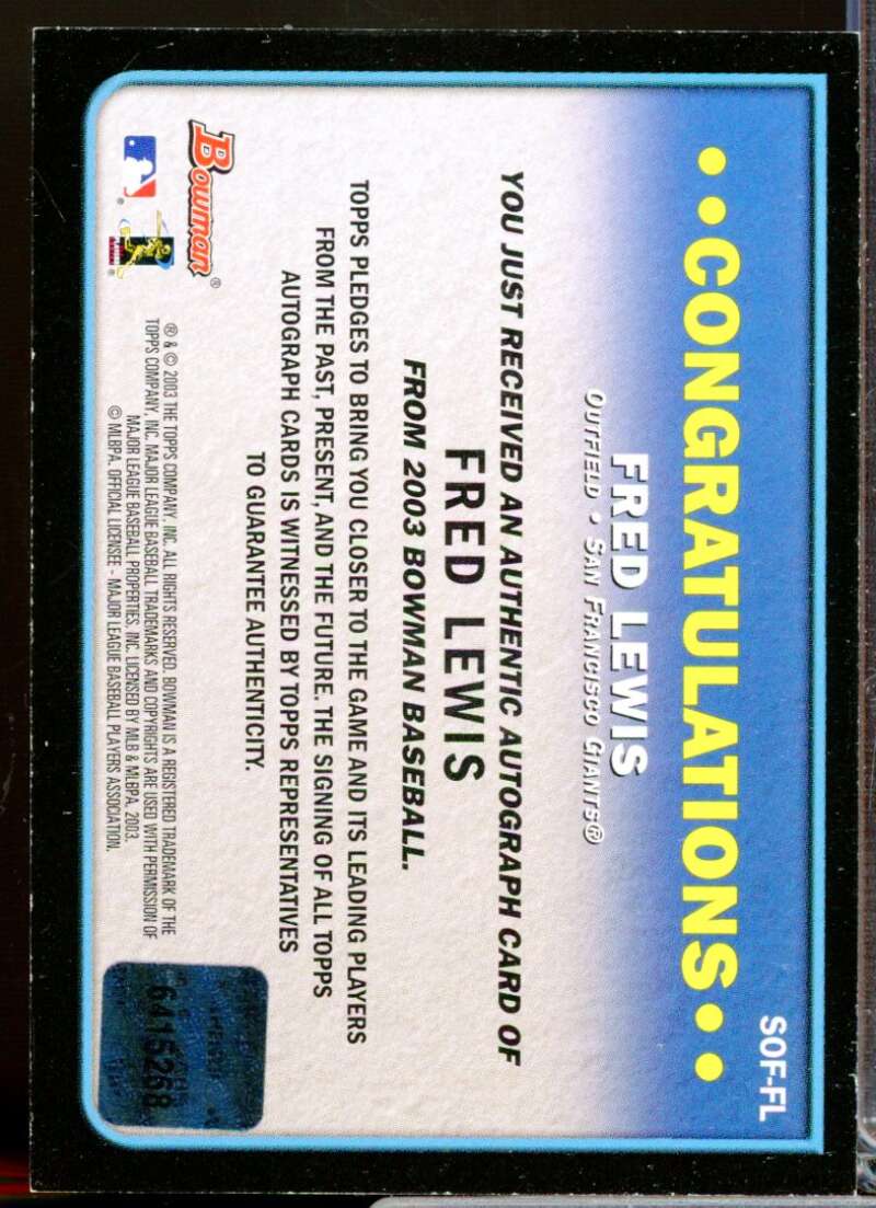 Fred Lewis Card 2003 Bowman Signs of the Future Autograph #FL  Image 2