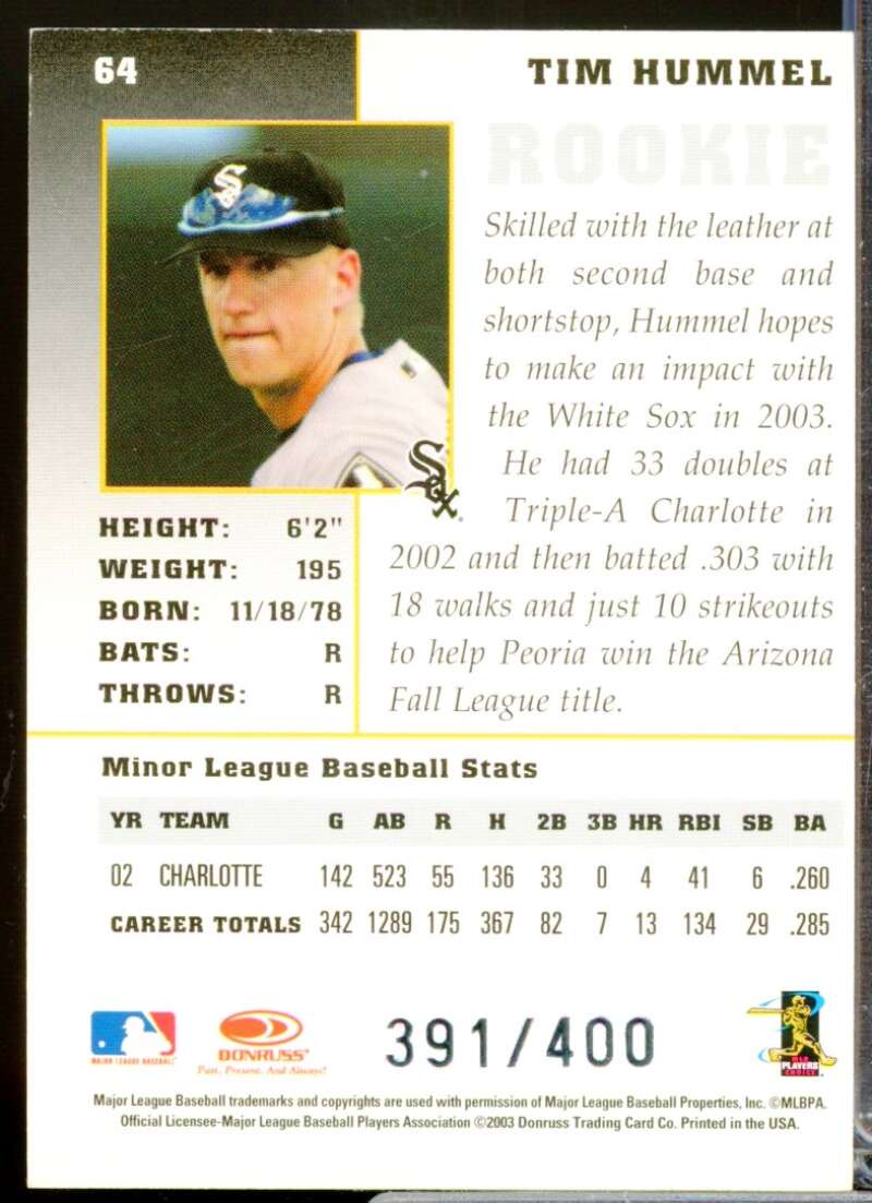 Tim Hummel /400 Card 2003 Donruss Champions Rookie Autographs #64  Image 2