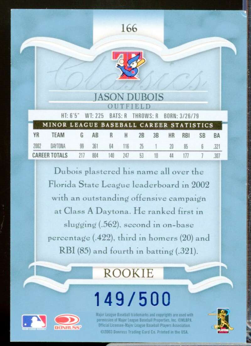 Jason Dubois 2003 Donruss Classics Significant Signatures Rookie Autograph #166  Image 2