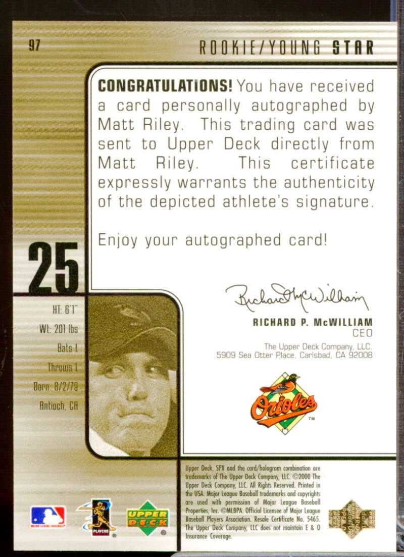 Matt Riley /1500 Card 2000 SPx Rookie Autograph #97  Image 2