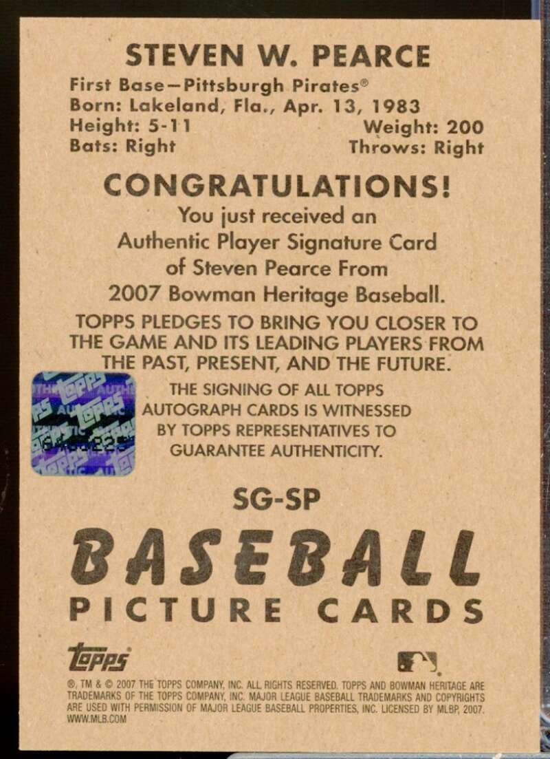 Steve Pearce Card 2007 Bowman Heritage Signs of Greatness Autograph #SP  Image 2