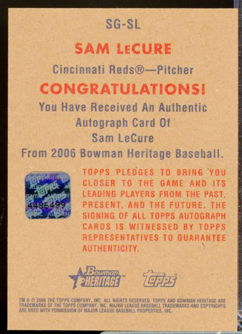 Sam LeCure Card 2006 Bowman Heritage Signs of Greatness Autograph #SL  Image 2