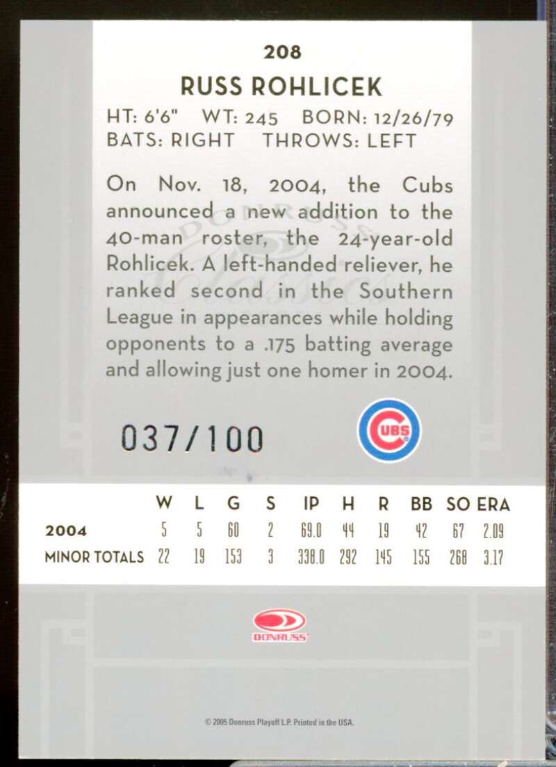 Russ Rohlicek /100 2005 Donruss Classics Significant Signature Auto Silver #208  Image 2