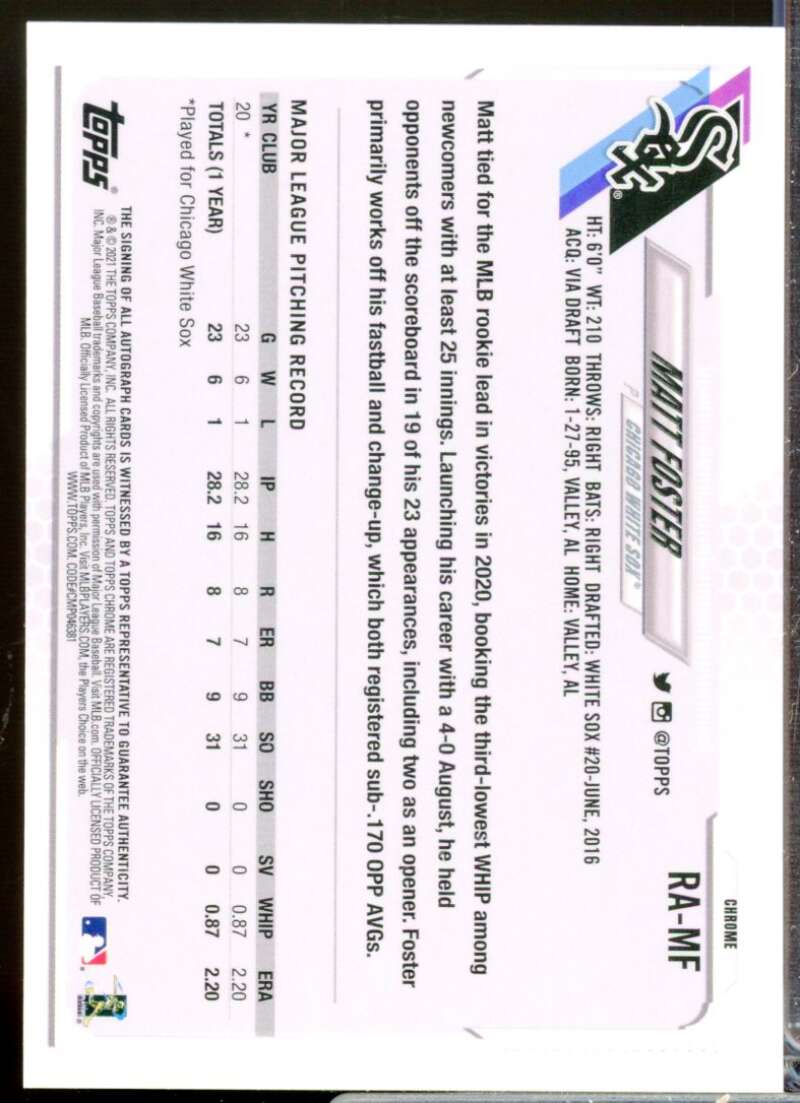 Matt Foster Card 2021 Topps Chrome Rookie Autographs #RAMF  Image 2