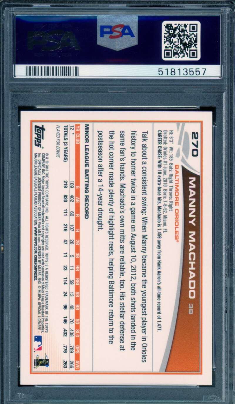Manny Machado Rookie Card 2013 Topps #270 PSA 9 Image 2