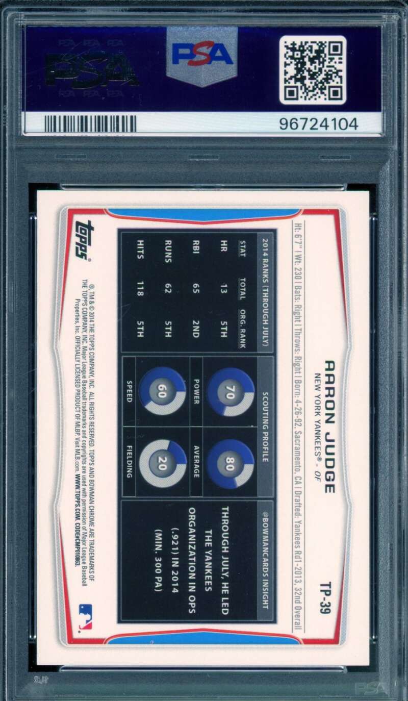Aaron Judge Rookie Card 2014 Bowman DP Top Prospects Asia Black #TP39 PSA 9 Image 2