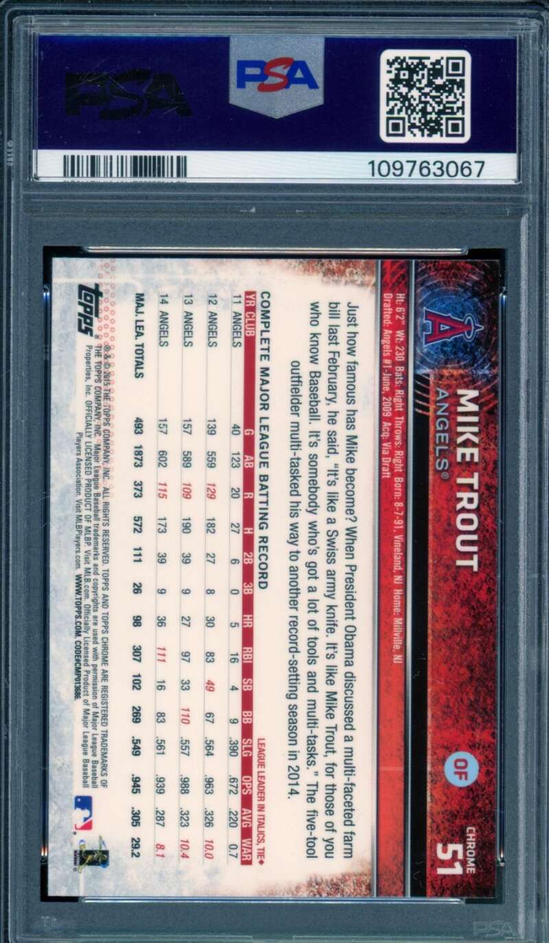 Mike Trout Card 2015 Topps Chrome #51 PSA 9 Image 2