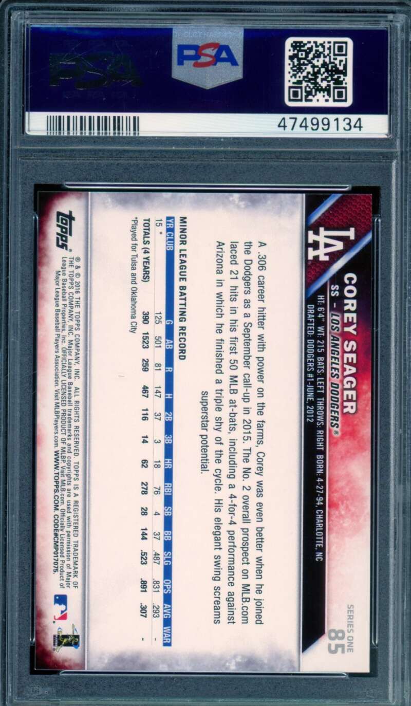 Corey Seager Rookie Card 2016 Topps #85 PSA 9 Image 2