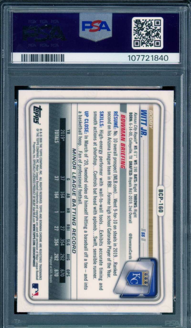 Bobby Witt Jr. Rookie Card 2020 Bowman Chrome Mega Box #BCP160 PSA 10 Image 2