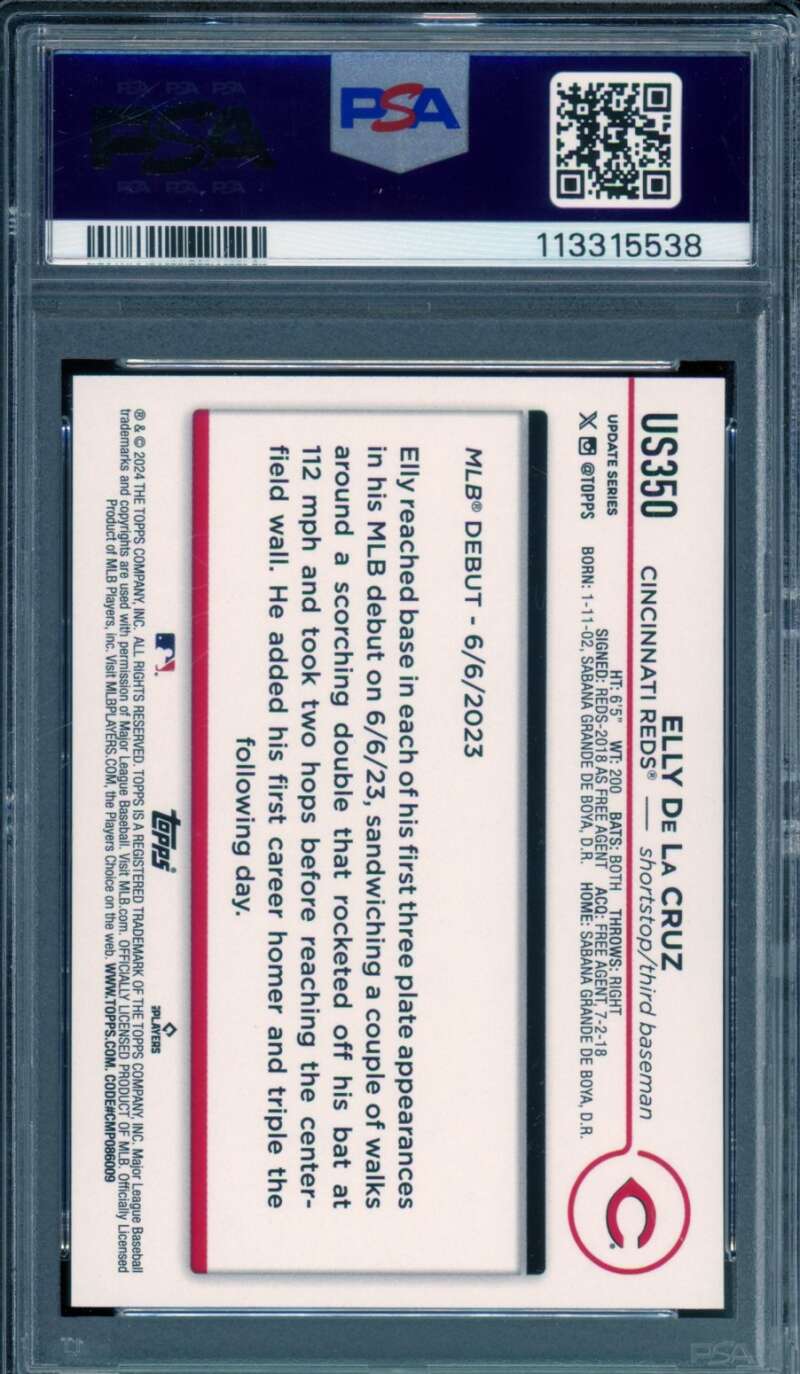 Elly De La Cruz Rookie Card 2024 Topps Update #US350 PSA 10 Image 2