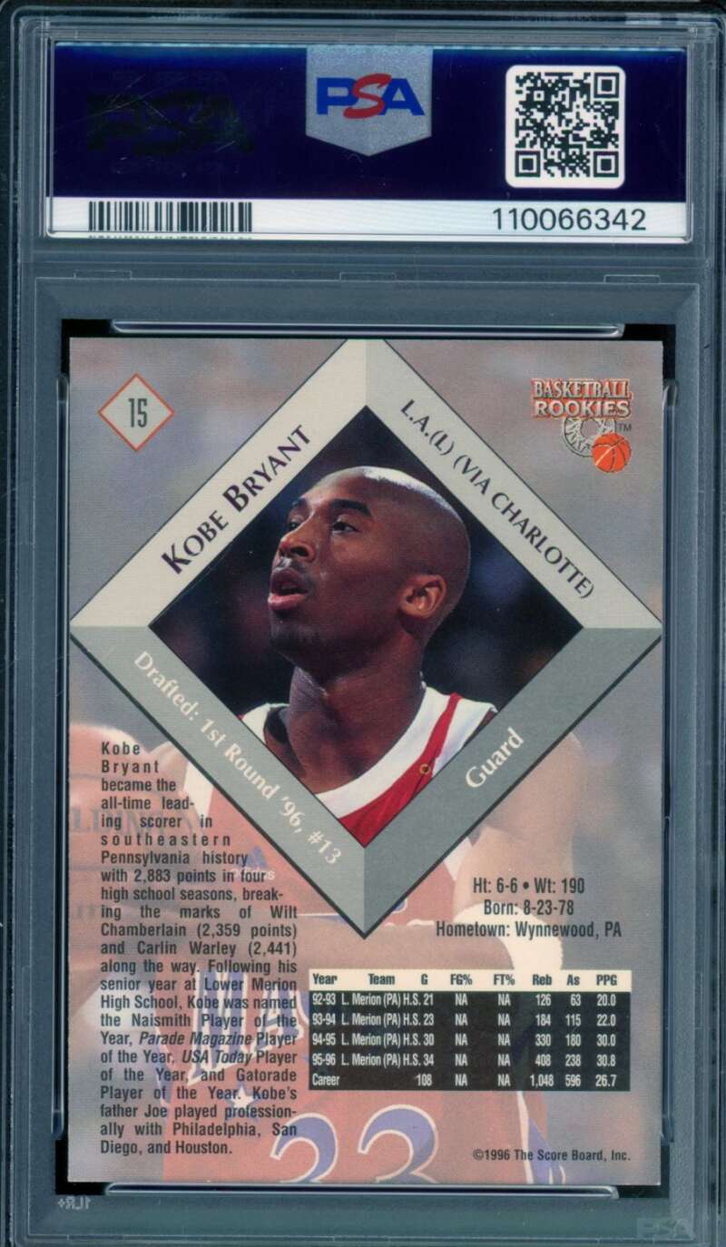 Kobe Bryant Rookie Card 1996 Score Board #15 PSA 8 Image 2