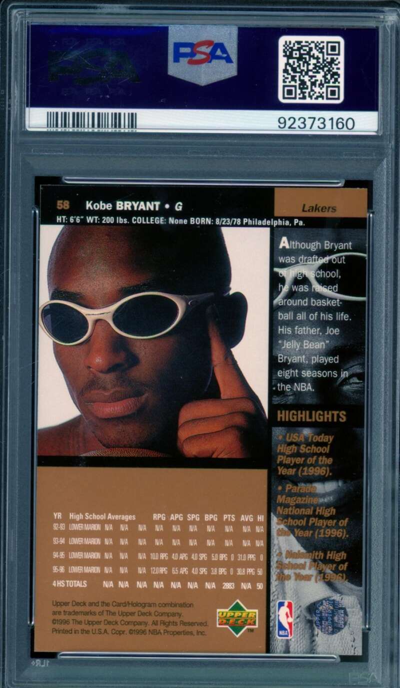 Kobe Bryant Rookie Card 1996-97 Upper Deck #58 PSA 9 Image 2