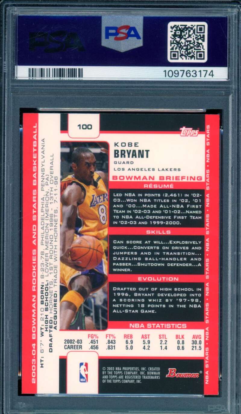 Kobe Bryant Card 2003-04 Bowman Rookies Stars #100 PSA 8 Image 2