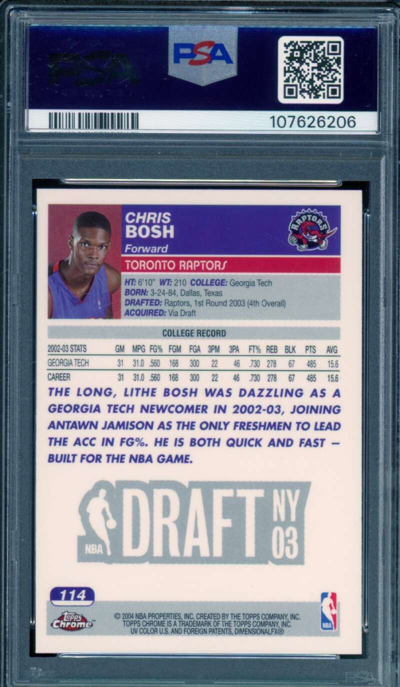 Chris Bosh Rookie Card 2003-04 Topps Chrome #114 PSA 9 Image 2