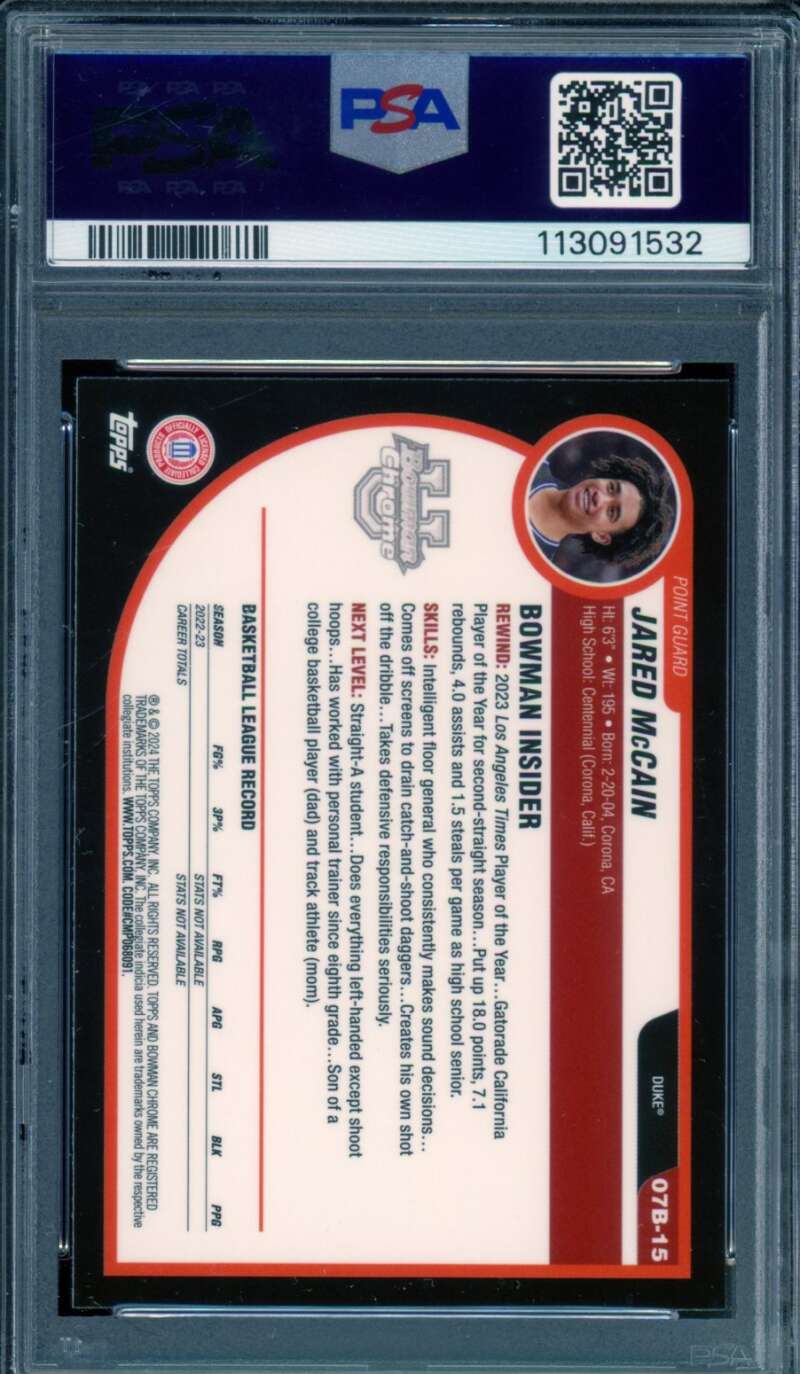 Jared McCain Rookie Card 2023 Bowman U Chrome 2007-08 Bowman #07B15 PSA 10 Image 2