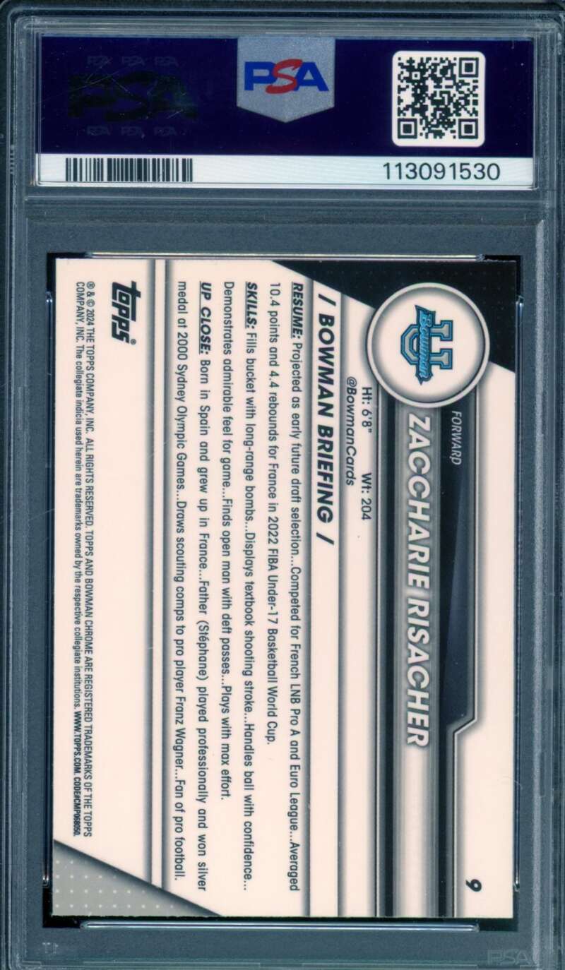 Zaccharie Risacher Card 2023 Bowman U Chrome Pink Refractor #9 PSA 10 Image 2