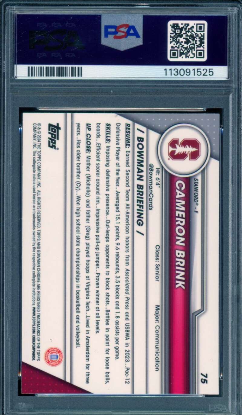 Cameron Brink Card 2023 Bowman U Chrome #75 PSA 10 Image 2