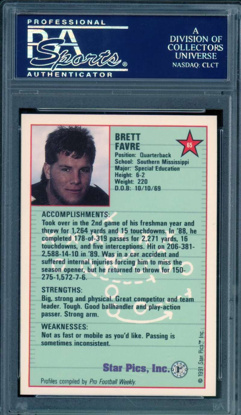 Brett Favre Rookie Card 1991 Star Pics #65 PSA 9 Image 2