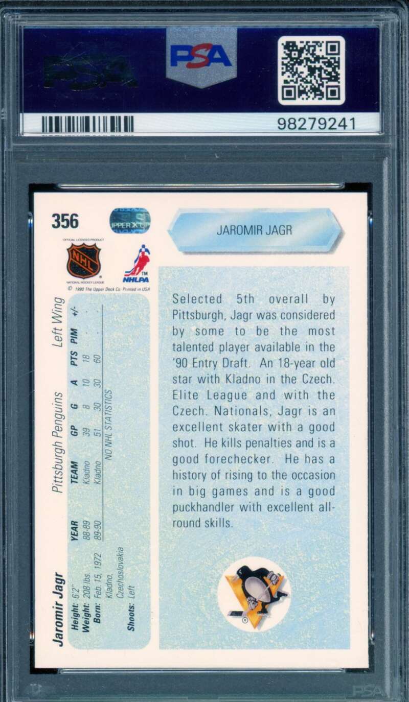 Jaromir Jagr Rookie Card 1990-91 Upper Deck #356 PSA 9 Image 2