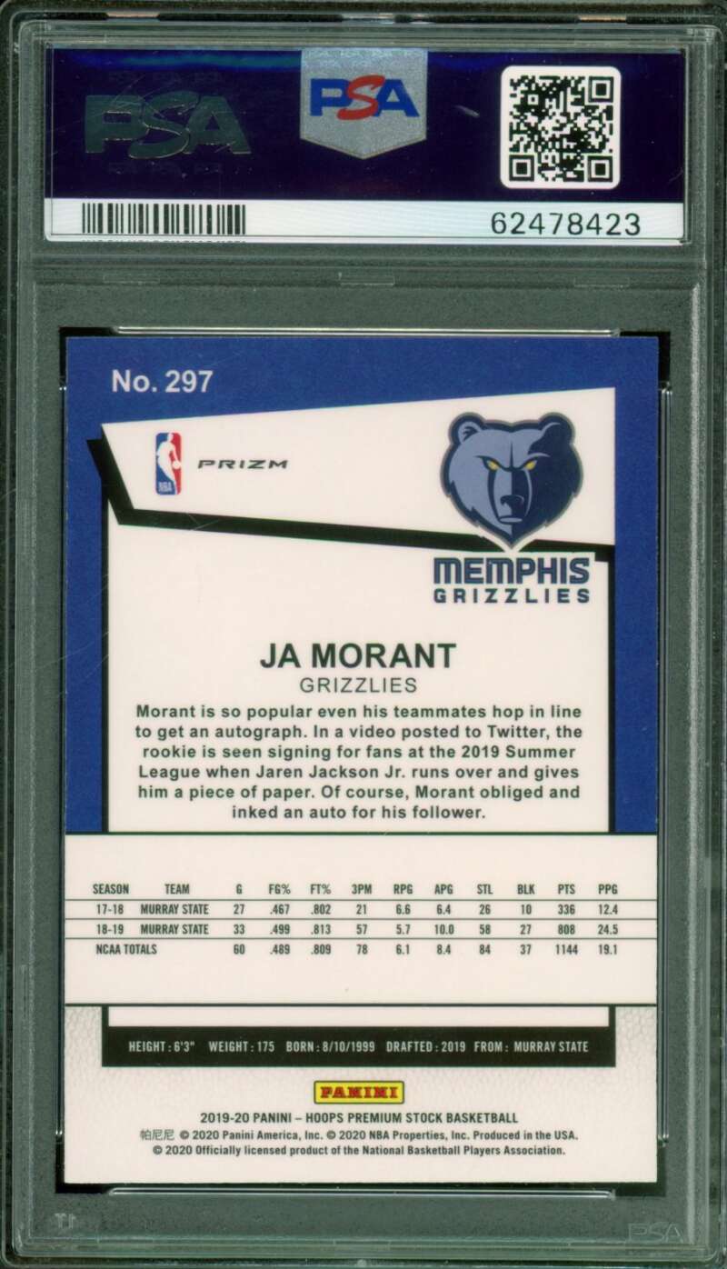 Ja Morant Rookie Card 2019-20 Hoops Premium Stock Pulsar #297 PSA 10 Image 2