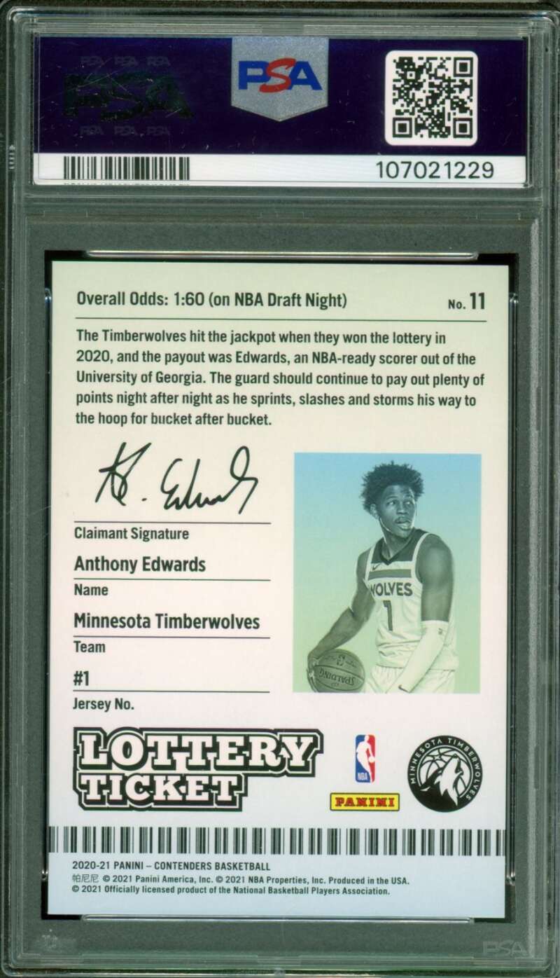 Anthony Edwards Rookie Card 2020-21 Contenders Lottery Ticket #11 PSA 10 Image 2